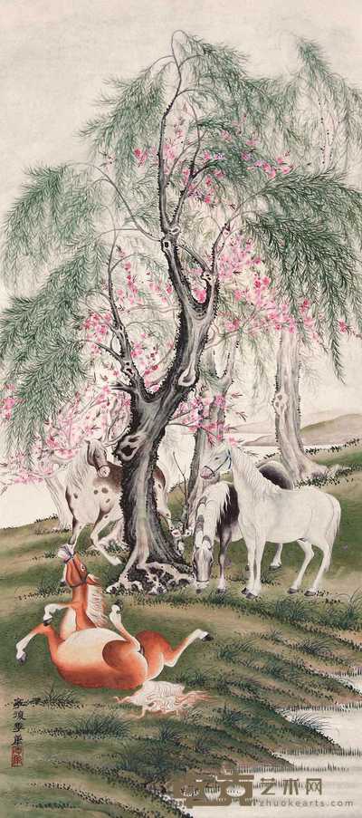 季康 柳下四骏图 立轴 130×53cm